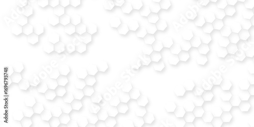 the geometric repetition and depth of the hexagonal grid, A pattern of white hexagon shapes arranged subtle shadows that create a three-dimensional abstract design.