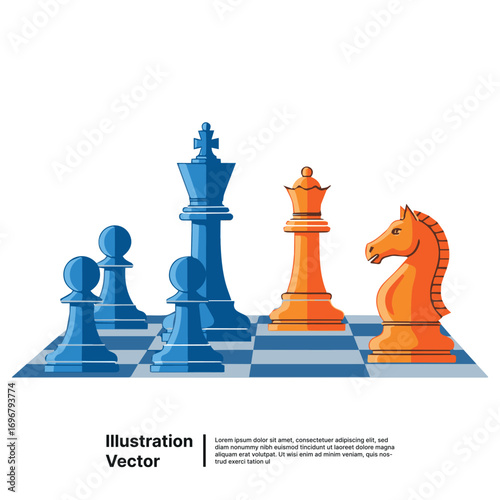 Chess king queen and pawn pieces on chessboard for strategy and competition concept
