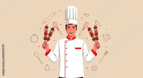 Smiling Chef Presenting Grilled Skewers, Culinary Arts and Food Preparation Concept