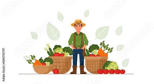 Proud Farmer Standing Beside Harvested Vegetables After A Successful Season