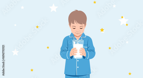 Smiling Child Holds Glass Of Milk Before Bedtime With Starry Sky Background