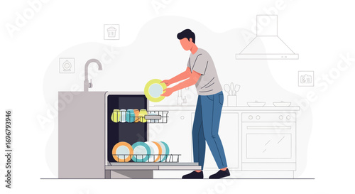 Putting Plates Into Dishwasher Concept Illustrating Home Chores and Kitchen Activities
