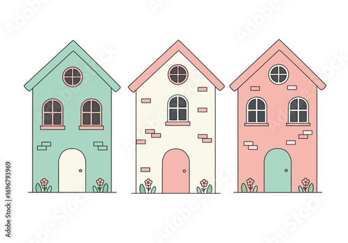 Collection of three whimsical houses in pastel colors, isolated on white background, each with unique design and playful charm for a delightful scene