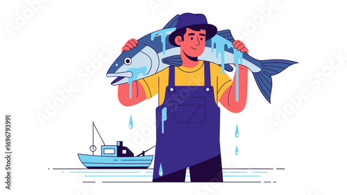 Fisherman and Big Fish: A determined fisherman, drenched from the sea, proudly carries a massive fish across his shoulders, a boat waits nearby, symbolizing the reward of a hard day's work.