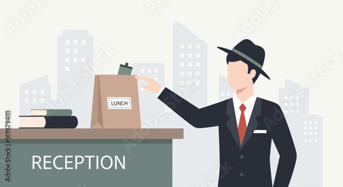 Receptionist Retrieving Lunch While Dressed In a Suit and Fedora Hat, City Background