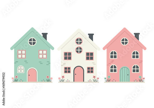 Collection of three whimsical houses in pastel colors, isolated on white background, each with unique design and playful charm for a delightful scene