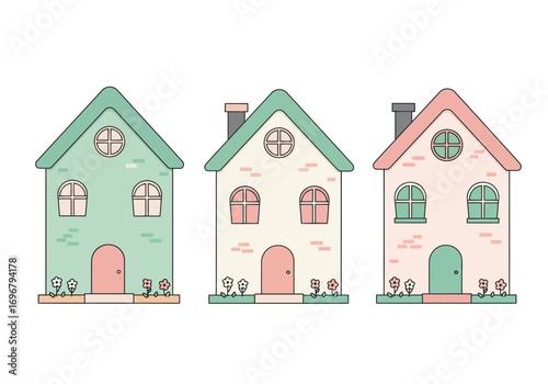 Collection of three whimsical houses in pastel colors, isolated on white background, each with unique design and playful charm for a delightful scene