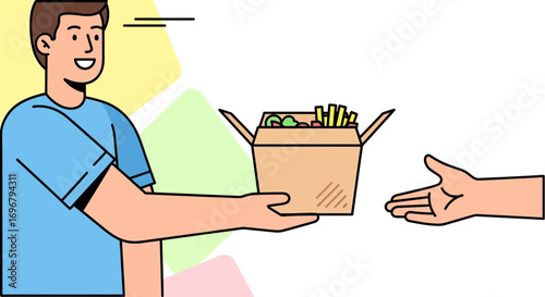 Smiling Delivery Person Presenting a Food Box to a Customer for Quick Delicious Meal