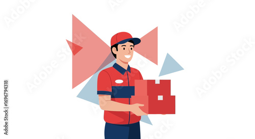 Smiling Delivery Person Carrying Packages Illustration With Red And Blue Elements