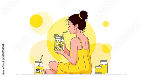 Refreshing Lemonade Moments: Relaxed Woman Savoring Beverage in a Sunny Illustration