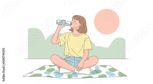 Refreshing Hydration: Woman In Relaxing Posture Drinking Water Outdoors Under Sun