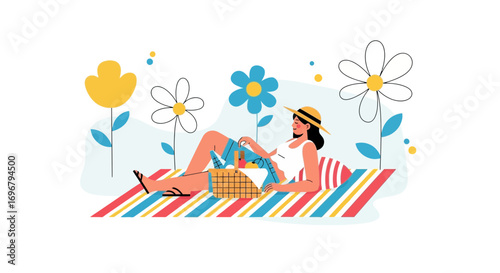 Relaxation And Enjoyment: A Woman's Leisurely Picnic In A Blooming Meadow Scene