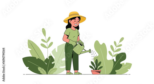 Smiling Gardener Watering Plants Surrounded by Green Leaves and a Cheerful Atmosphere
