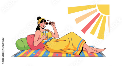 Relaxation Illustration: Woman Enjoying Sunshine and Drink on Colorful Tropical Day