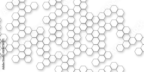A pattern of white hexagon shapes arranged subtle shadows that create a three-dimensional, layered effect, geometric repetition and depth of the hexagonal grid.
