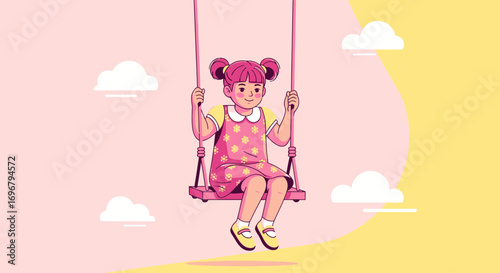 Smiling Girl Enjoys A Lovely Swing On A Clear Day With Floating Clouds