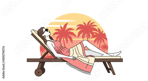 Relaxation Under Sunshine: Tropical Vacation Illustration Of A Woman Lounging