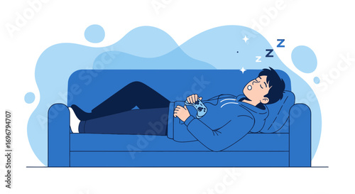 Relaxed Gamer Sleeping Peacefully on a Couch with a Game Controller After Playtime