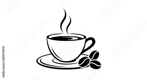 Steaming hot coffee cup black and white line art illustration with saucer and three whole coffee beans for cafes and menus.