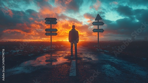 A person stands at a crossroads with signposts against a dramatic sunset sky symbolizing life s choices and future paths