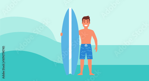 Smiling Man Standing With Surfboard And Ready To Enjoy The Ocean Waves During Summer Vacation