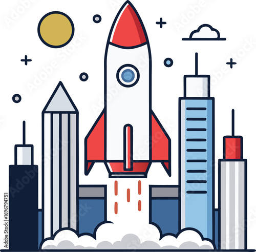 Cartoon vector illustration of a space rocket on a castle roof at night