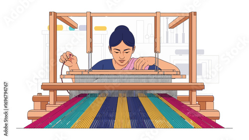Weaving artistry: Capturing the essence of traditional craftsmanship, a skilled artisan meticulously works a wooden loom, transforming threads into a vibrant, patterned textile. 