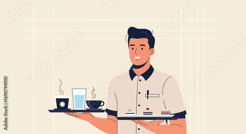 Smiling Server Presenting Beverages and Desserts in a Neat and Tidy Arrangement