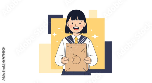 Smiling Schoolgirl Holding Lunch Bag Illustration With Apple Icon And Geometric Background