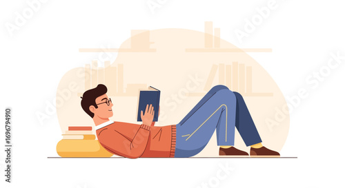 Relaxed Reader Enjoys Book, Displaying Leisure And Intellectual Exploration