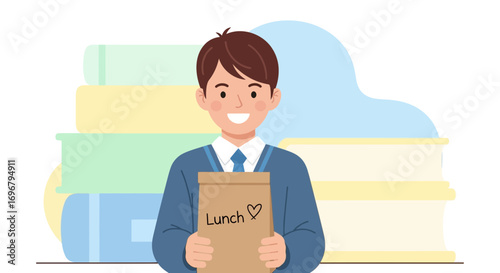 Smiling Schoolboy Holding Lunch Bag in Class With Stacks of Books Background Concept