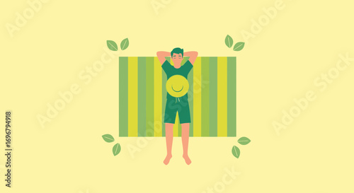 Relaxed Person Enjoying A Peaceful Summer Day Lying On Striped Beach Blanket