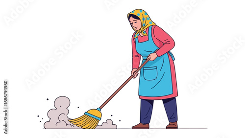 Sweeping Illustration: A woman diligently sweeps the floor, surrounded by the soft plume of dust, creating a simple illustration of a daily task.