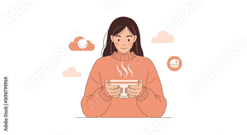 Relaxed Woman Holding Hot Beverage Enjoying Warmth and Comfort in Illustration Style