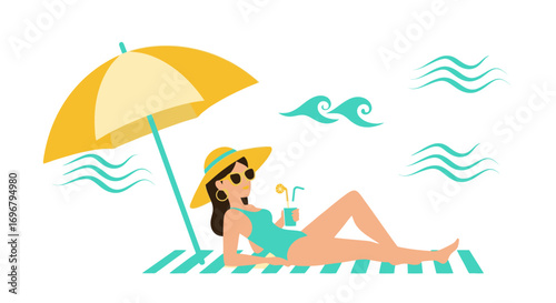 Relaxed Woman Lounging On Beach, Enjoying Refreshments And Sun Shade On A Sunny Day