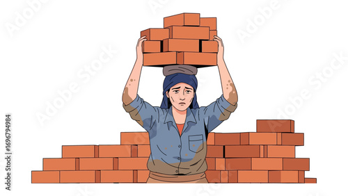 Bricklayer with Load of Bricks: An illustration depicts a bricklayer balancing a heavy stack of bricks, focused on her task, symbolizing the essence of labor and construction.