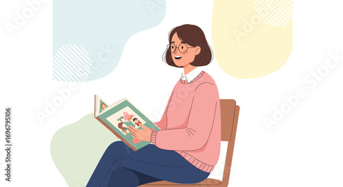 Smiling Woman Reading A Book While Sitting On A Chair Illustration, Enjoying The Moment