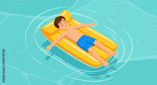 Relaxed Young Man Floating On A Yellow Raft In Crystal Blue Water For Vacation