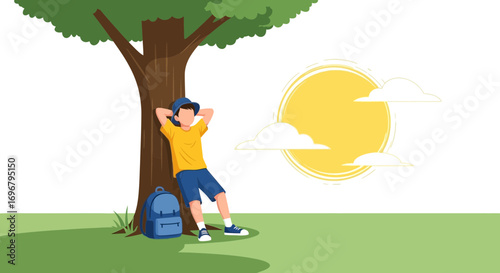 Relaxed Young Person Finds Shade And Solitude Under A Mighty Tree Near The Sun