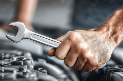 Hand holding a wrench against the background of an open car hood. Concept of car repair, diagnostics, maintenance and professional auto service.