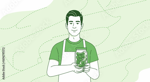 Smiling Young Man with Jar Full Of Pickles Illustration In Green Tones