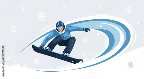 Snowboarder Carving Through Fresh Powder Snow With Dynamic Artistic Illustration