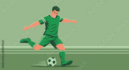 Soccer Player In Green Uniform Kicking Ball With Dynamic Style And Power