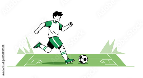 Soccer Player Kicking Ball on Field Conceptual Illustration in Minimalist Style