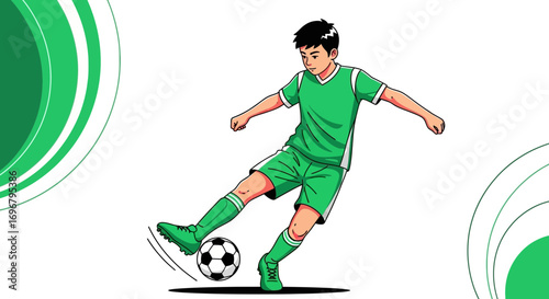 Soccer Player Kicking Ball In Action With Graphic Elements And Vibrant Green Uniform
