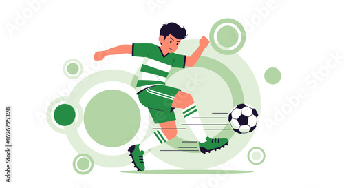 Soccer Player Kicking Ball With Artistic Green Background And Illustration