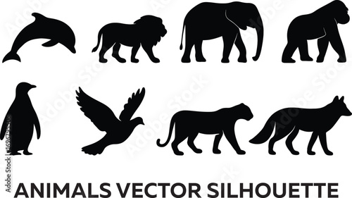 Vector Silhouettes of Diverse Animals: Dolphin, Lion, Elephant, Gorilla, Penguin, Dove, Panther, Wolf
