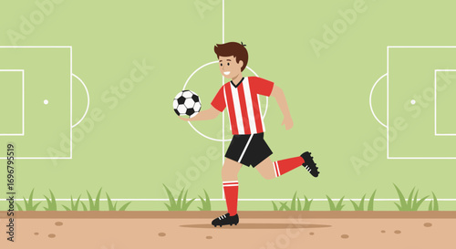 Soccer Player Running And Dribbling The Ball On The Field, Illustration With Great Details