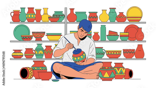 Artisan in the studio: The skilled artisan is meticulously decorating earthenware pottery in a brightly lit studio, bringing unique art and craft to life, showcasing talent in pottery
