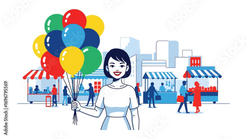 Joyful Celebration with Balloons at the Market: In a vibrant illustration, a woman radiates happiness as she holds a bunch of colorful balloons, set against a bustling marketplace backdrop.